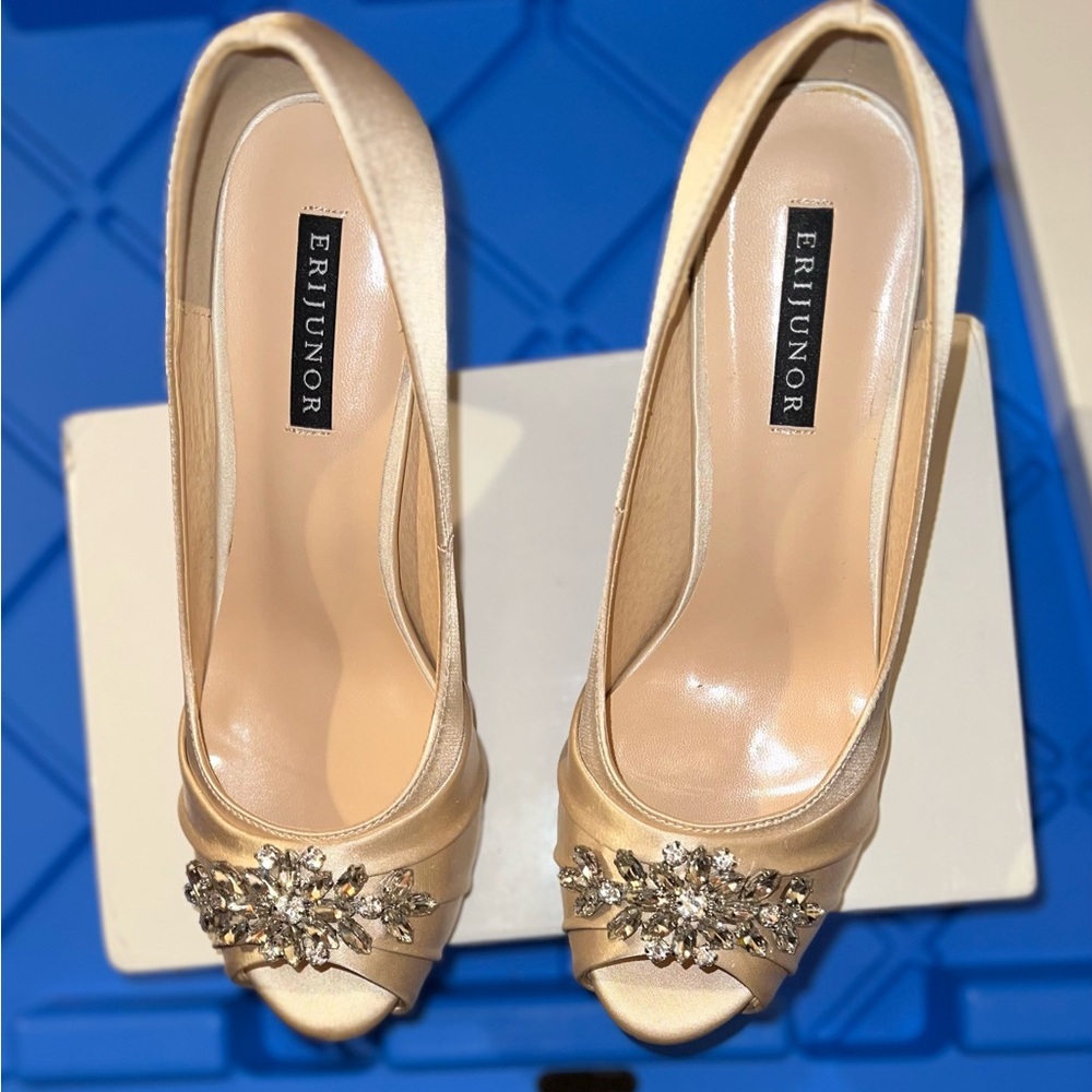 Erijunor Women's Champagne Satin Peep-Toe Heels with Crystal Accent
